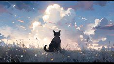 a painting of a cat sitting in the grass looking out into the sky at sunset