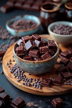 a bowl filled with chocolate on top of a wooden cutting board