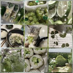 a collage of photos with green and white things in them, including sushi