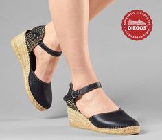 "Diegos - Black leather Carmen espadrilles with high wedge heel Wedge sole height : 2.5\" (6 cm) Classic black leather high wedge Carmen espadrilles have an easy clip-on ankle-strap. The rope sole has been meticulously shaped by hand, a padded insole has been added for your comfort. The high quality leather used on these beautiful and elegant espadrilles, is 100% genuine Spanish Leather. We ship from NY - Easy returns." Red Espadrilles, Spanish Espadrilles, Gold Espadrilles, Womens Espadrilles Wedges, Espadrilles Shoes, Wedge Espadrilles, High Wedges, Women's Espadrilles, Leather Espadrilles