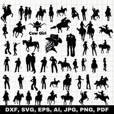 the silhouettes of cowboys and horses are shown in this graphic art file, as well as