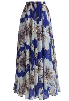 Saia Long Blue Skirts, Maxi Frocks, Maxi Skirts Summer, Floral Print Maxi Skirt, Long Floral Skirt, Long Skirt Summer, Blue Maxi Skirt, Blue Floral Skirt, Chiffon Maxi Skirt