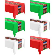 four tables with red, green and white tablecloths on each one's sides