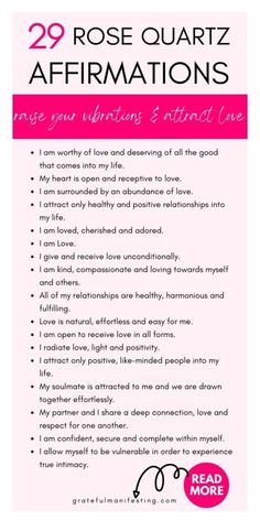 a pink poster with the words rose quartz affirmations