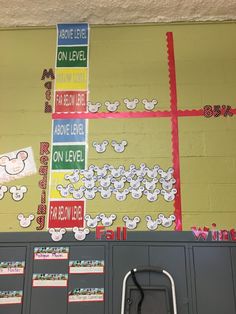 a bulletin board with mickey mouse signs on it