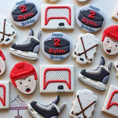 decorated cookies with hockey related items on them