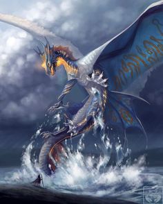 a painting of a dragon attacking a boat in the ocean with it's wings spread out