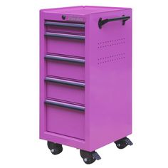 a purple rolling cabinet with five drawers