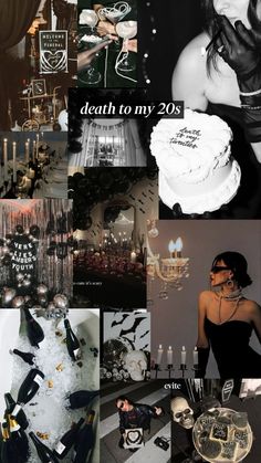 a collage of photos with black and white images in them, including cake, candles, chandeliers