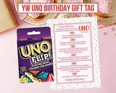 an uno birthday gift tag with pink frosting and sprinkles