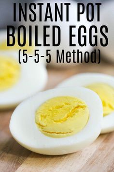 instant pot boiled eggs on a cutting board with the text instant pot boiled eggs 15 - 5 - 5 method