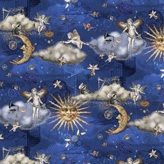 a blue background with angels and stars in the sky