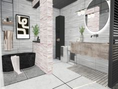 a bathroom with a black bathtub and white towels on the rack next to it