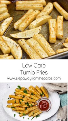 low carb turnip fries with ketchup on the side and in a pan