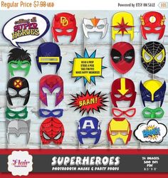 a bunch of masks that are on top of a wall with the words super heroes