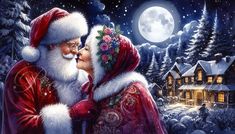 a painting of santa and mrs claus kissing in front of a christmas scene with a full moon