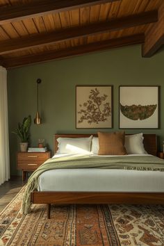 a bedroom with green walls and wooden ceiling