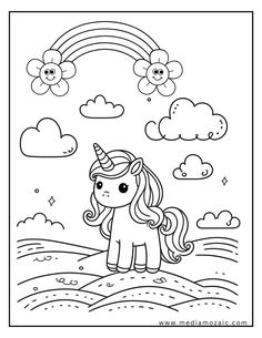 a coloring page with an image of a unicorn and clouds in the sky, as well as