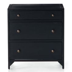 a black dresser with three drawers and two knobs on the bottom, against a white background