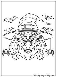 a coloring page with an image of a witch