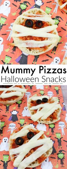 homemade halloween pizzas with white cheese and black olives on them are ready to be eaten