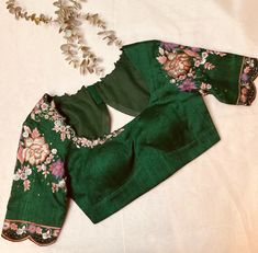 Green Work Blouse Designs, Raw Silk Blouse Designs, Machine Embroidery Blouse Designs, Machine Work Blouse Designs, Machine Work Embroidery, Machine Embroidery Designs For Blouses, Embroidery Designs For Blouses, Magam Works, Green Blouse Designs