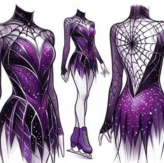 a drawing of a purple dress with spider webs on the back and sides, as well as shoes