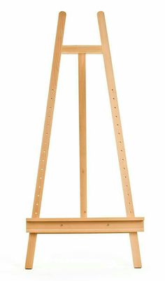 a wooden easel with holes in the middle and two legs on each side, standing upright against a white background