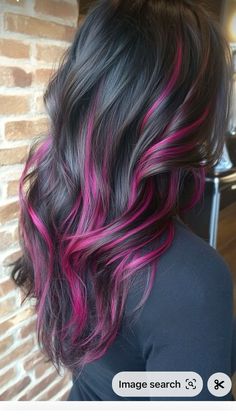 Vivid Color Peekaboos, Hot Pink Peek A Boo Hair, Dark Hair With Magenta Highlights, Hidden Vivid Hair Color, Colorful Tips Hair, Fun Peekaboo Hair Color Ideas, Black Hair With Coloured Highlights, Black Hair With Magenta Highlights, Peekaboo Vivids