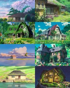 four different pictures of houses and trees in the daytime, at night, or day