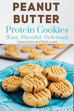 peanut butter protein cookies on a blue plate