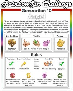 rainbow spin challenge poster with the words generation 10 and an image of different symbols on it