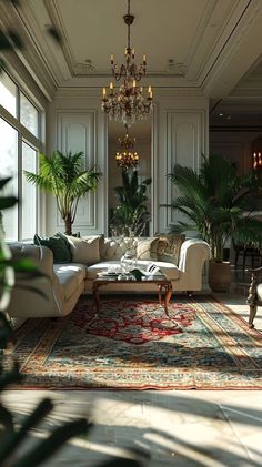 a living room filled with furniture and a chandelier hanging from the ceiling next to a large window