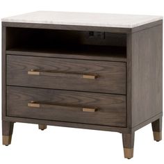 an entertainment center with two drawers and marble top