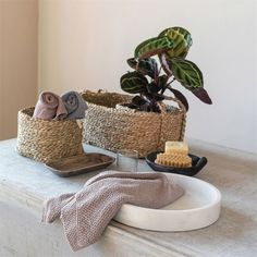 two baskets with towels and soaps on a table next to a potted plant