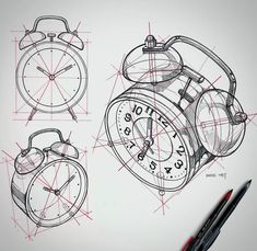 three different drawings of an alarm clock, one with the hands on it and two without