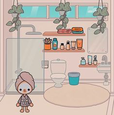 a cartoon character standing in front of a bathroom with plants and toiletries on the shelves