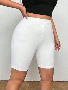 White Casual Collar  Fabric Plain Skinny Embellished High Stretch Spring/Summer/Fall Women Plus Clothing Cheap White Short Biker Shorts, White Mid-thigh Biker Shorts For Gym, White Short Length Biker Shorts Sportswear, White Mid-thigh Length Biker Shorts For Gym, White Mid-thigh Biker Shorts For Yoga, Compression Shorts, Plus Size Shorts, Cool Fabric, White Casual