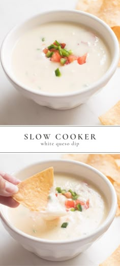 two pictures showing how to make slow cooker white quesadilla soup with tortilla chips