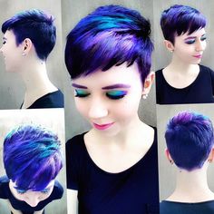 Hair Color Pixie Cut, Purple Pixie Cut, Coloured Pixie Cut, Galaxy Hair Color, Spikey Short Hair, Wild Hair Color, Gradient Hair, Split Dyed Hair, Galaxy Hair