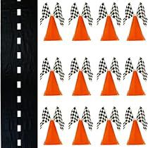 an orange traffic cone pattern with black and white checkered flags