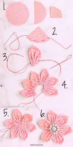 the instructions for how to sew fabric flowers on a piece of cloth with thread