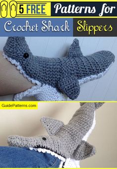 crochet shark slippers with text overlay that reads free patterns for crochet shark slippers