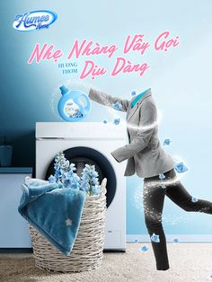 an advertisement for a washing machine with a man kicking up water from the washer