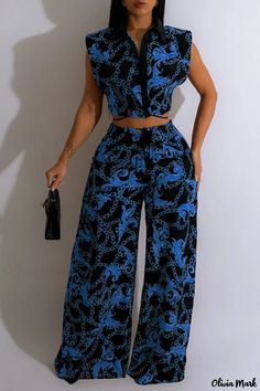 Olivia Mark - Stylish Womens Navy Blue Printed Patchwork Two-Piece Sleeveless Dress Set with Turndown Collar Blue Two Piece, Sleeveless Suit, Two Piece Pants Set, Elegant Red, Turndown Collar, Patchwork Designs, Casual Sets, Navy Women, Wholesale Fashion