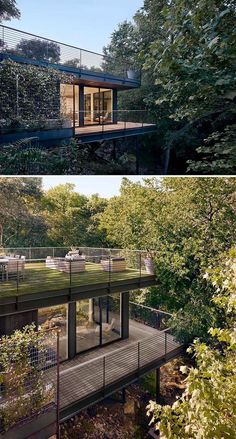 two pictures of the inside and outside of a house with trees in the foreground