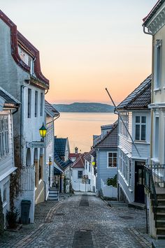 a cobblestone street with houses and water in the background