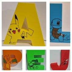 four different types of letters with pikachu and eevee on each letter