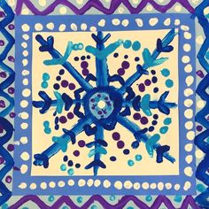 a blue and white square with an abstract design on it's center piece, surrounded by circles