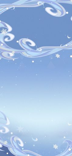 a blue background with white swirls and snowflakes in the sky, as well as stars